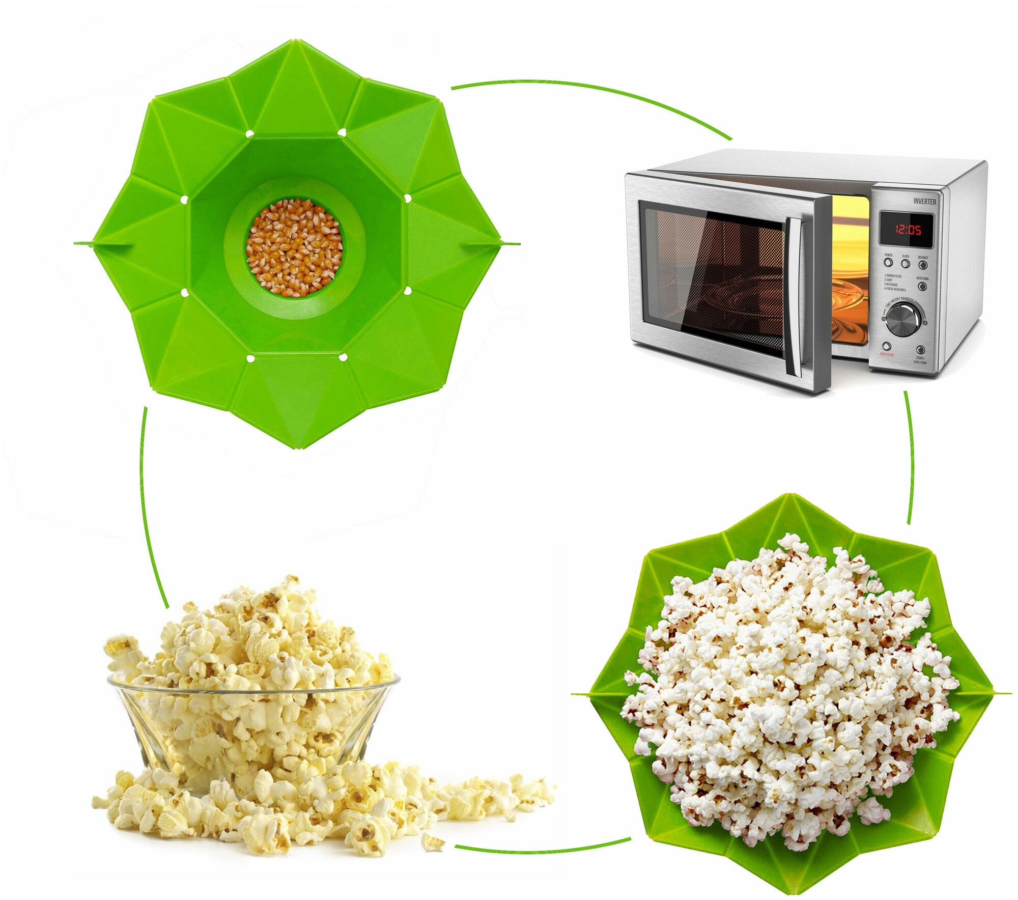 Силиконовая складная чаша для приготовления попкорна в микроволновой печи, зеленый, 14х13,5х4 см - фотография № 5