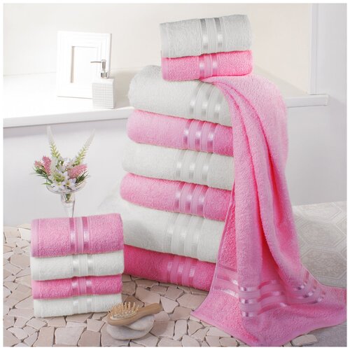 фото Доми набор из 12 полотенец harmonika цвет: розовый, белоснежный 33х50 см - 6 шт, 50х80 см - 4 шт, 70х130 см - 2 шт dome