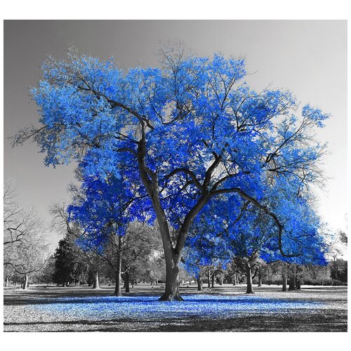 Фотообои Уютная стена Дерево с синими листьями 300х270 см Бесшовные Премиум (единым полотном)