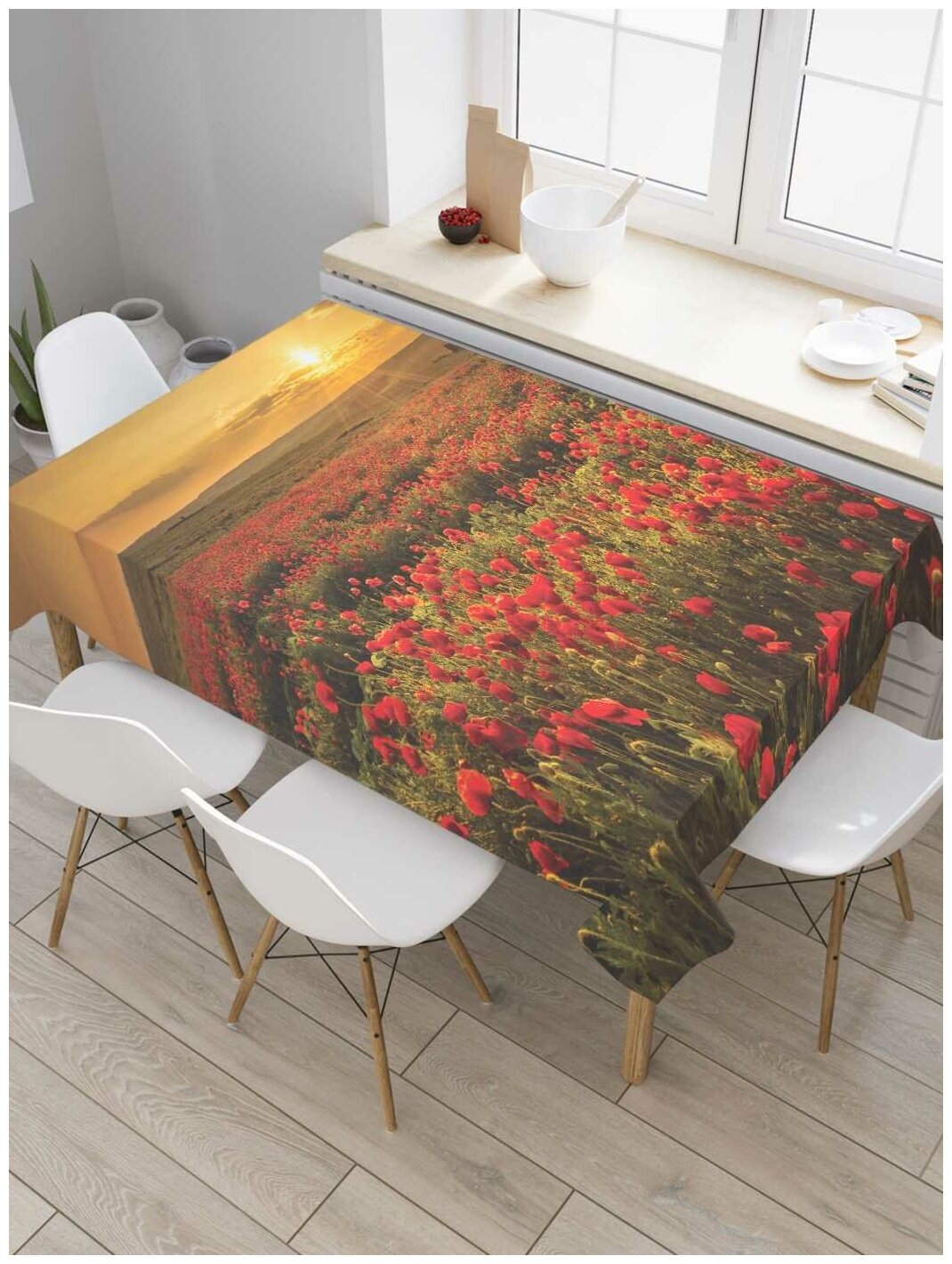 Скатерть прямоугольная JoyArty на кухонный стол "Прогулка между маков" из оксфорда, 180x145 см