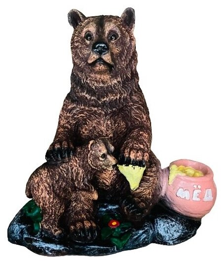 Садовая фигурка Медведь с медвежонком у бочки меда Н-30 см - фотография № 1