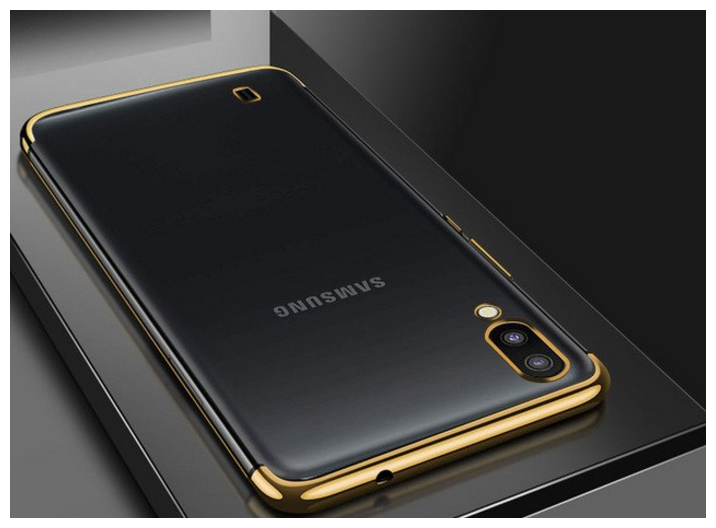 Чехол-накладка MyPads для Samsung Galaxy A50 SM-A505F (2019) с защитными заглушками с защитой боковых кнопок прозрачная золотая