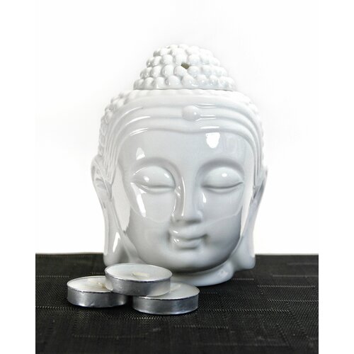 Аромалампа подсвечник для эфирных масел Будда, керамика, белая, 13см + 3 чайные свечи аромалампа для эфирных масел караван слонов керамика черно белая 8 см 3 чайные свечи