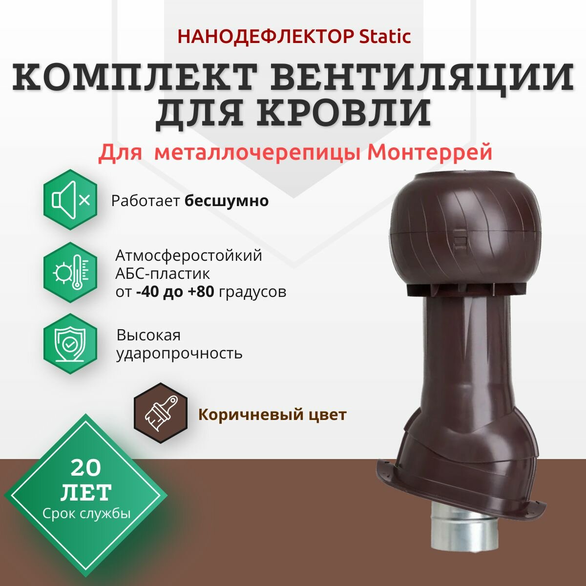 фото Комплект вентиляции для кровли из металлочерепицы Монтеррей, Static Коричневый RAL 8017