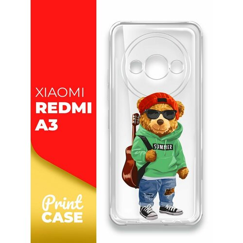Чехол на Xiaomi Redmi A3 (Ксиоми Редми А3), прозрачный силиконовый с защитой (бортиком) вокруг камер, Miuko (принт) Мишка Гитара чехол на xiaomi redmi a3 ксиоми редми а3 прозрачный силиконовый с защитой бортиком вокруг камер miuko принт цветы белые