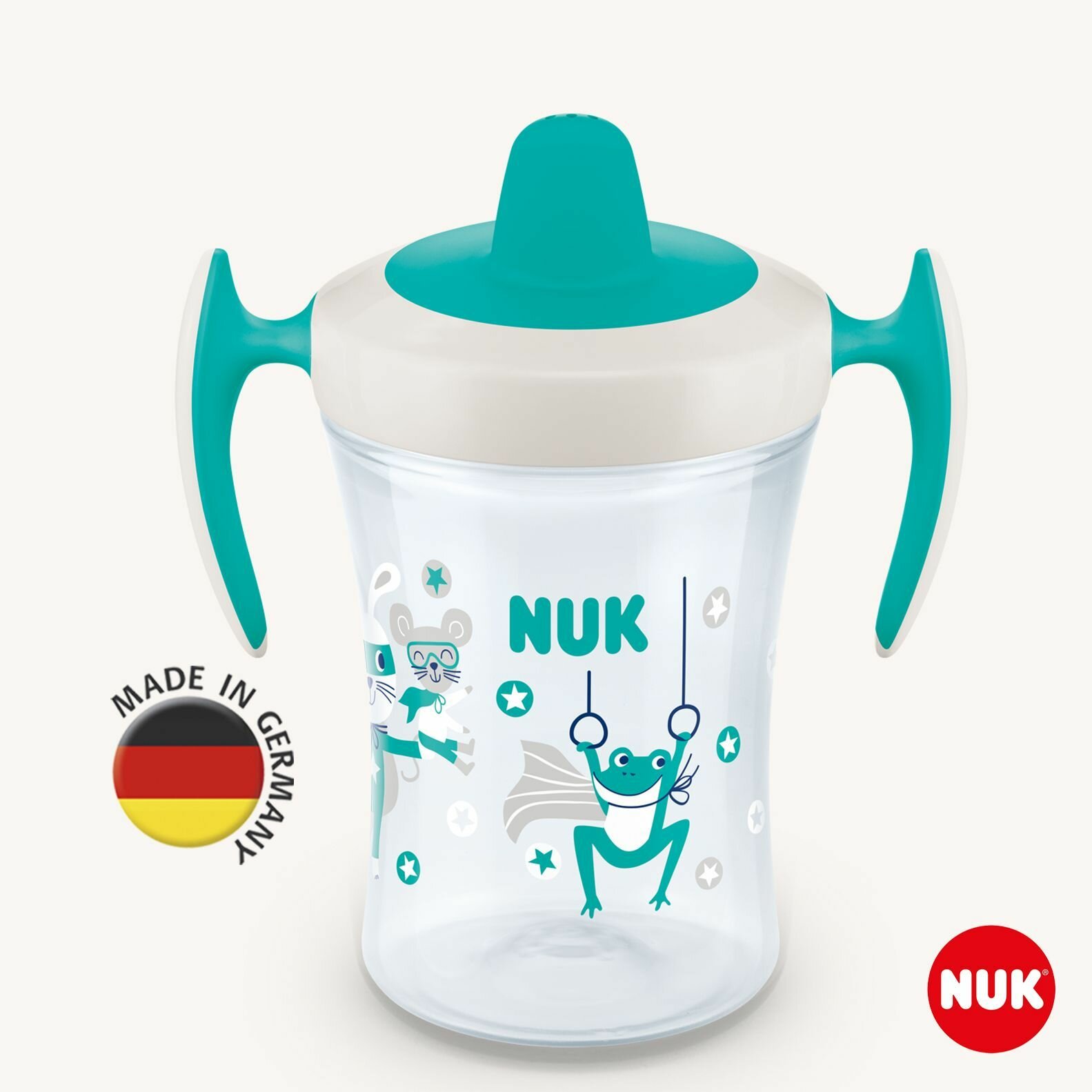 NUK EVOLUTION Обучающий Поильник непроливайка TRAINER 230 мл, бирюзовый, лягушка