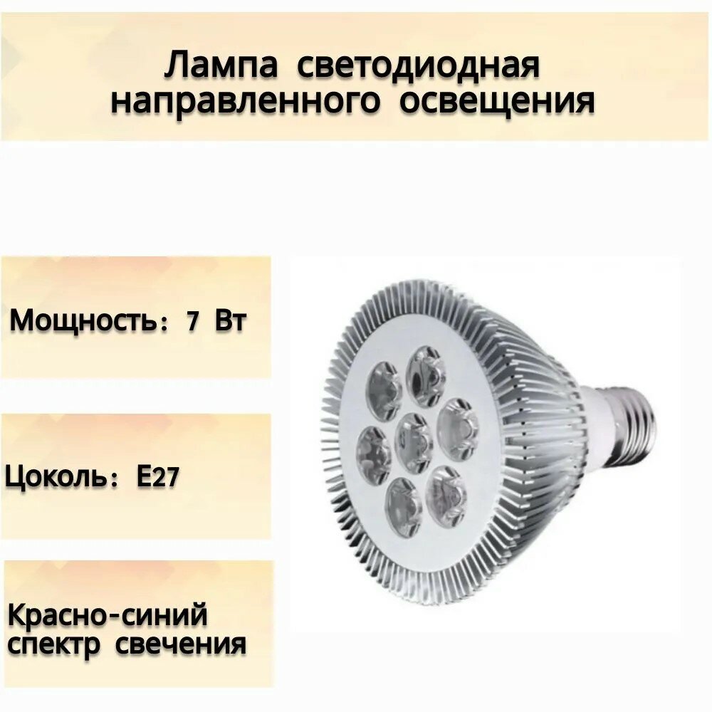 Лампа светодиодная направленного освещения E27/7 Вт красно-синий спектр для выращивания рассады развития корней при недостаточном солнечном освещен