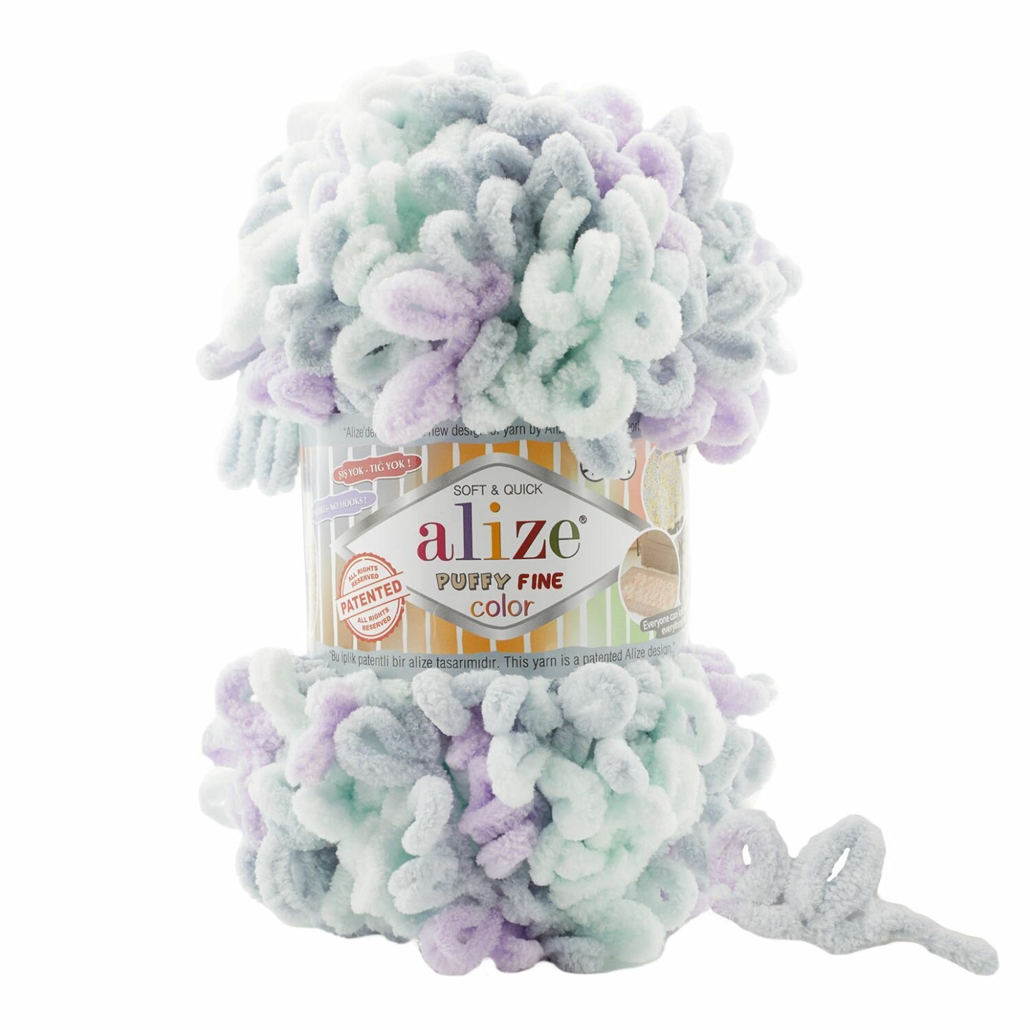 Пряжа Alize Puffy fine color белый-светло-салатовый-сиреневый (6466), 100%микрополиэстер, 14.5м, 100г, 5шт