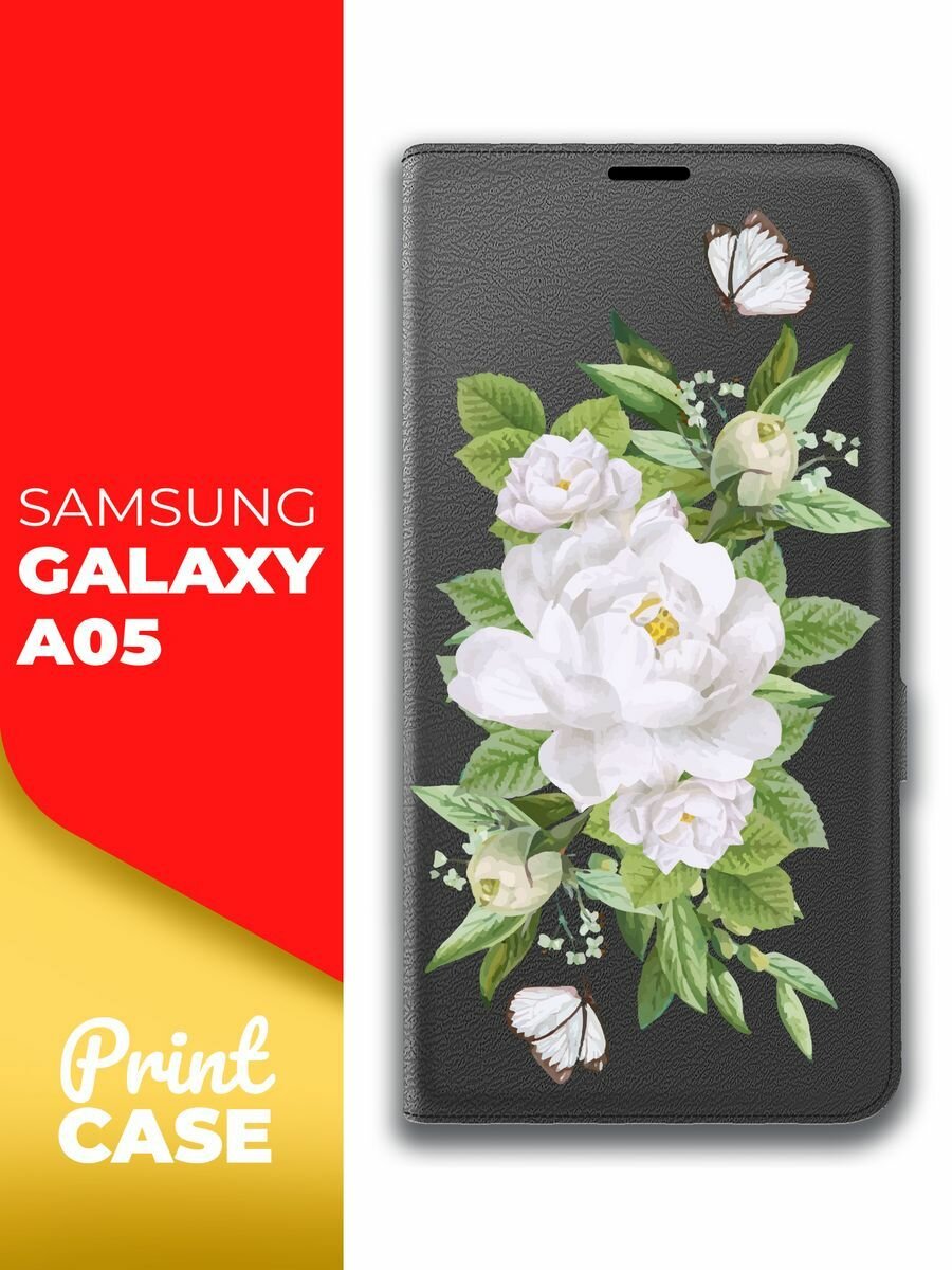 Чехол на Samsung Galaxy A05 (Самсунг Галакси А05) черный книжка эко-кожа подставка отделение для карт магнит Book case Miuko (принт) Цветы белые