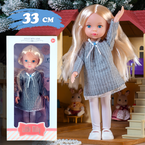 Кукла 33 см Little Milly в сером платье с длинными волосами, коллекционная реалистичная куколка для девочки на шарнирах со съемной одеждой кукла малышка лили блондинка с собачкой со светлыми волосами 16см