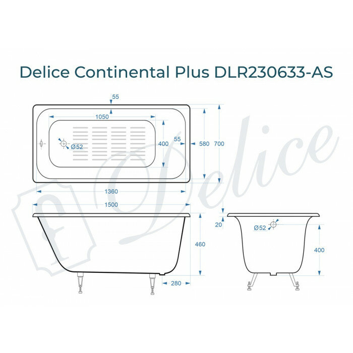 Чугунная ванна Delice Continental Plus Elite 150х70 с антискользящим покрытием, без ножек - фото №2