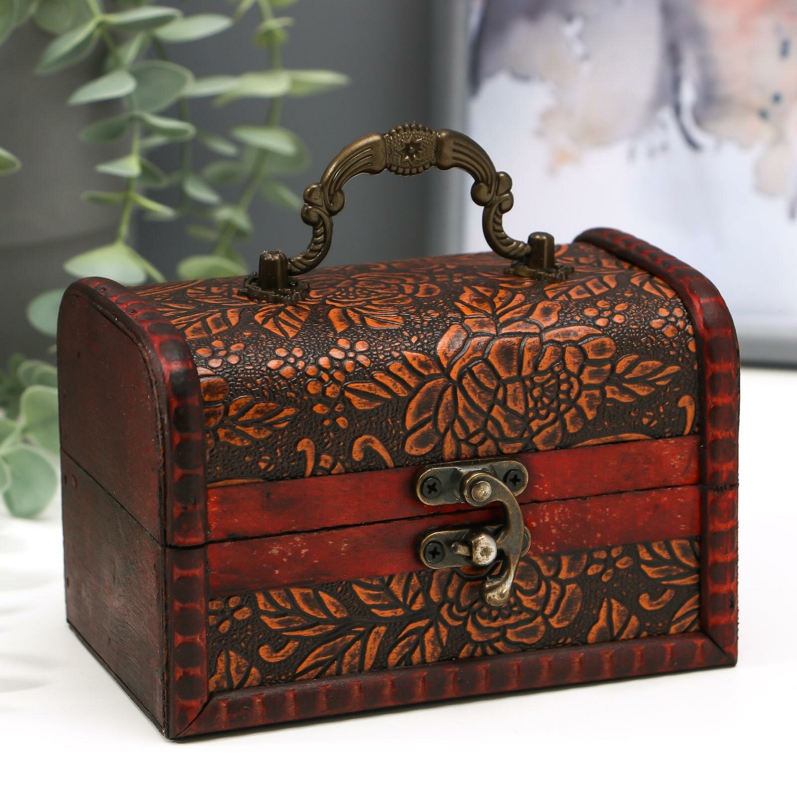 Шкатулка для украшений  Сундучок с ручкой  Пышная роза   дерево  9 4 13 8 9 7 см