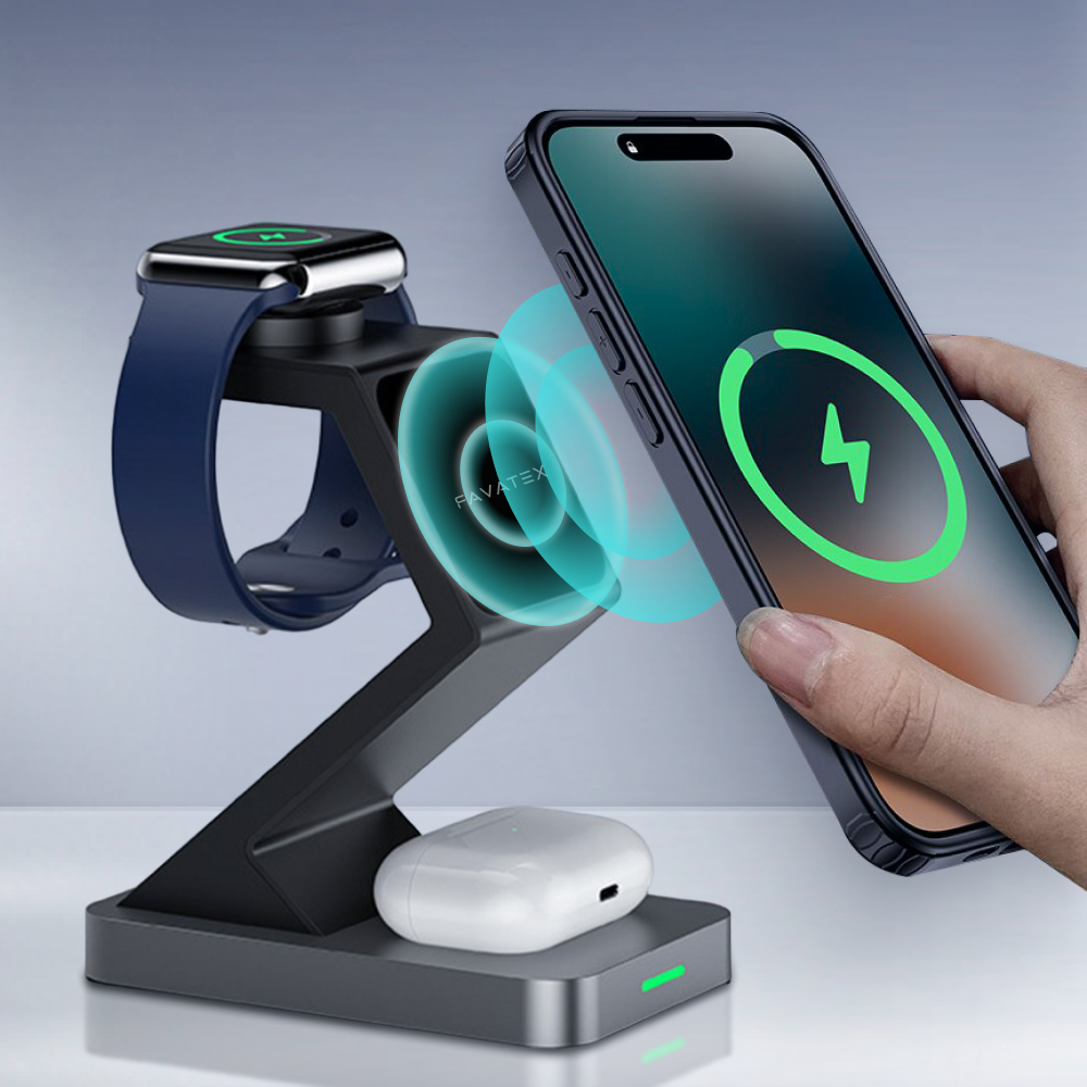 Магнитная беспроводная зарядка для iPhone 3 в 1, док станция для Айфон, AirPods, Apple Watch — фото 1