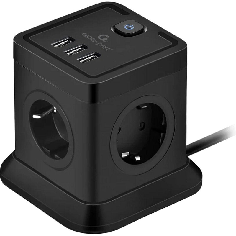 Сетевой фильтр Cablexpert Tower 4р/2м, 10А, USB, черный(TWR-4-U3-B-2)