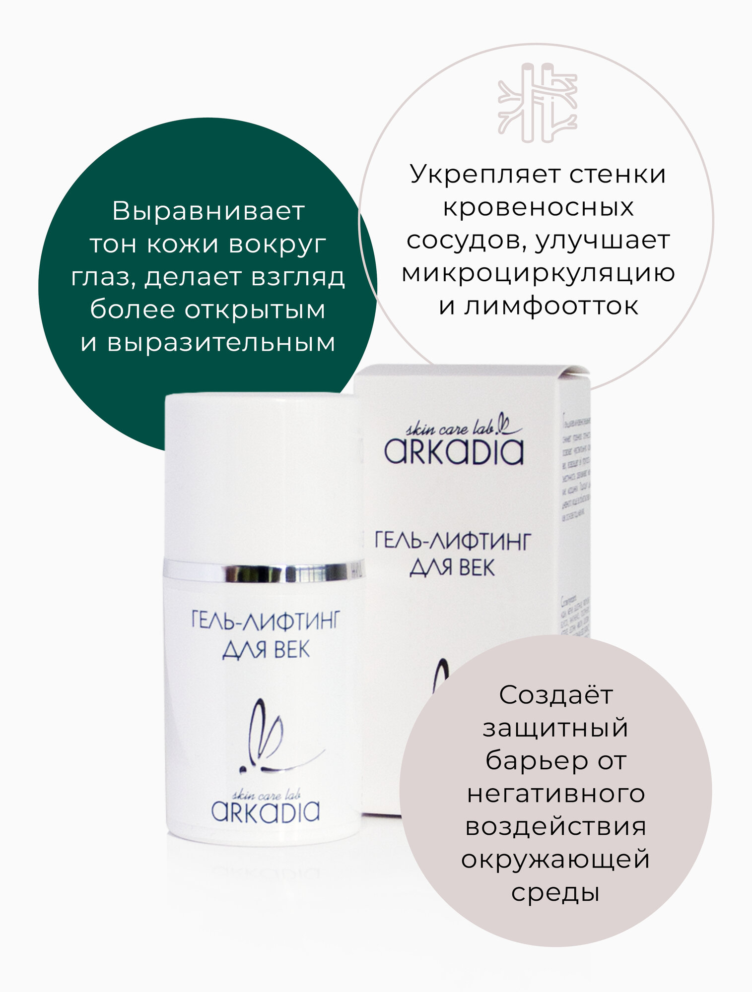 Изображение Гель-лифтинг ARKADIA для век, устранение симптомов усталости и стресса, для всех типов кожи, 15 мл