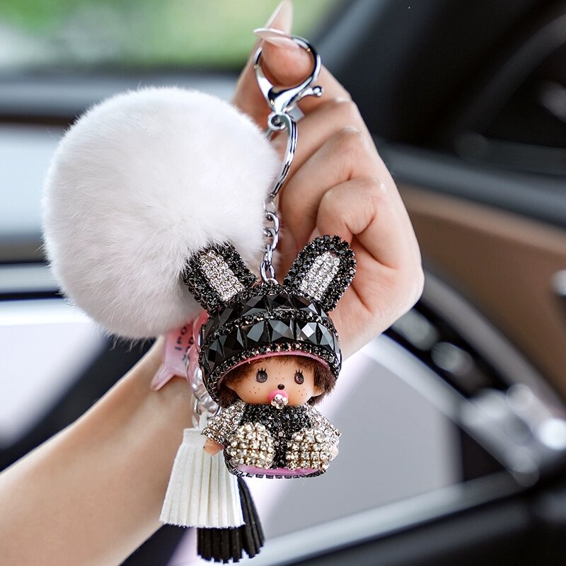 Monchhichi сидячие кроличьи уши, ключевое кольцо с черным плюшевым шариком и белой настоящей кроличьей шерстью, подарок