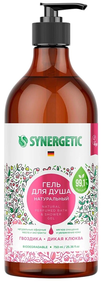 Гель для душа SYNERGETIC «Гвоздика и дикая клюква» натуральный, 750мл