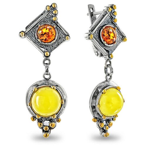 Серьги SADAF, серебро, 925 проба, оксидирование, золочение, янтарь, желтый