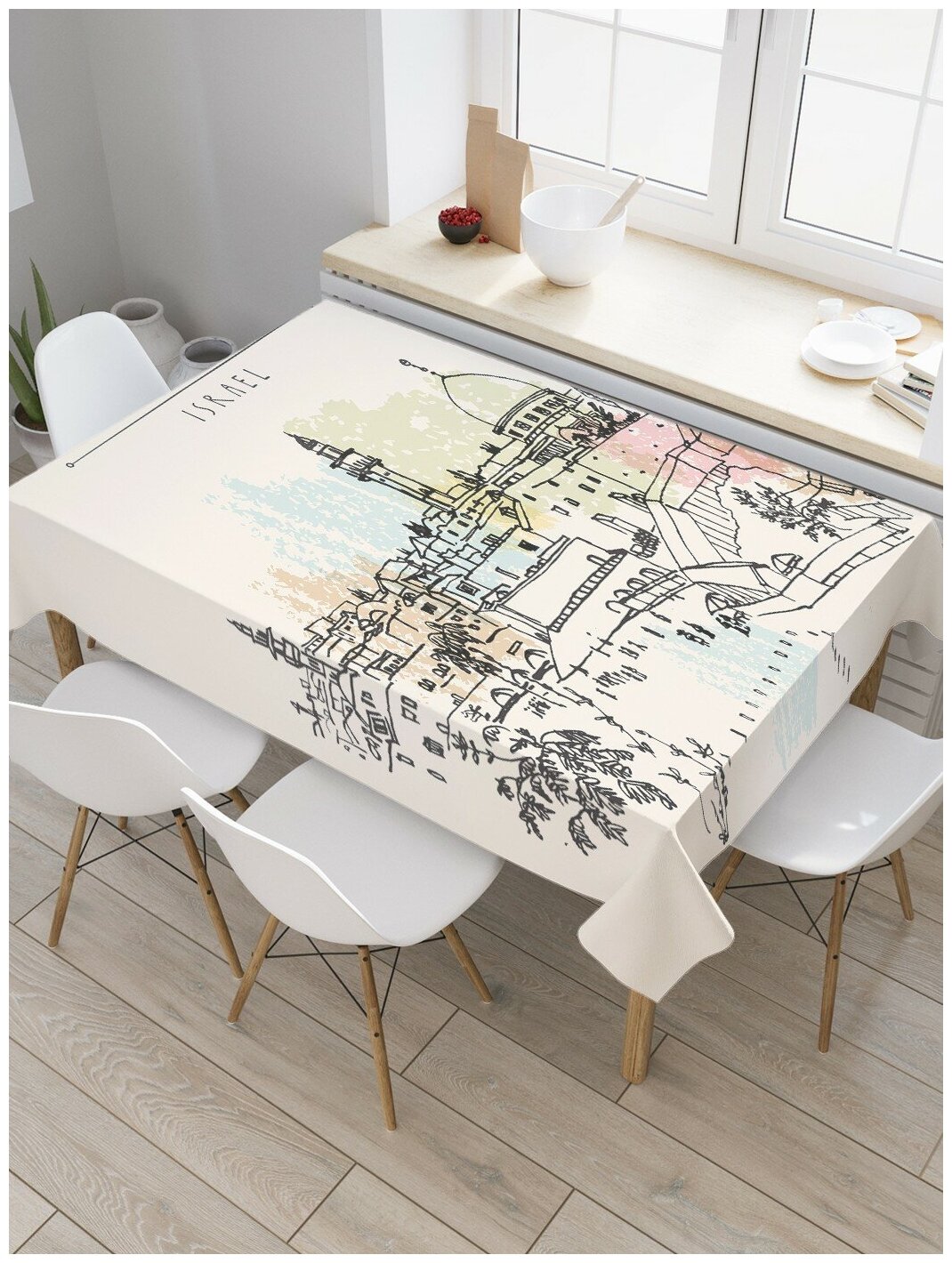 Скатерть прямоугольная JoyArty на кухонный стол "Открытка с видом Иерусалима" из оксфорда, 180x145 см