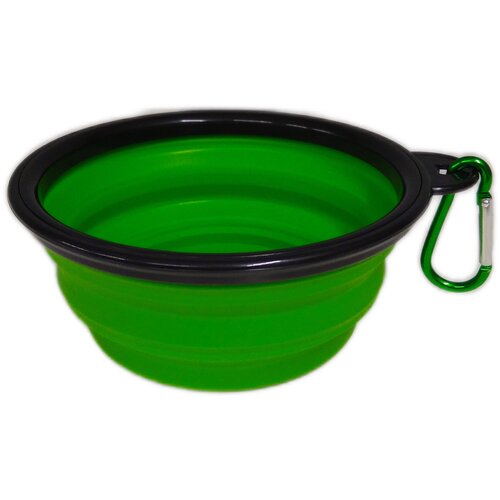 Миска складная силиконовая для животных мокрые носики, размер S - 350 мл. Светло-зеленая дорожная миска для собак и кошек с карабином.