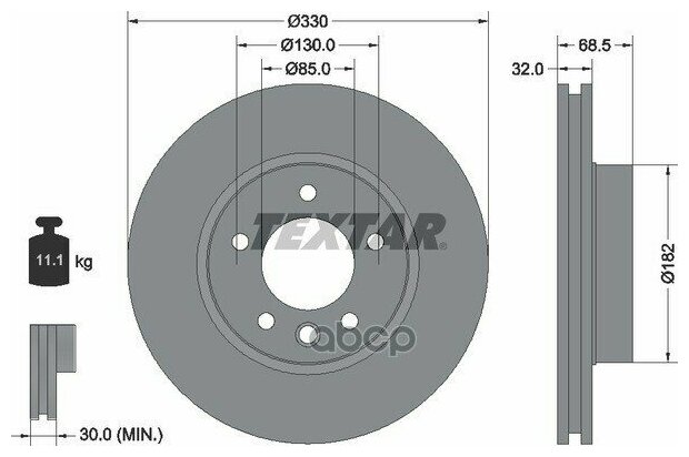 TEXTAR 92121605 Диск тормозной VW TOUAREG/PORSHE перед. правый вент. шт. 330мм с покрытием PRO+