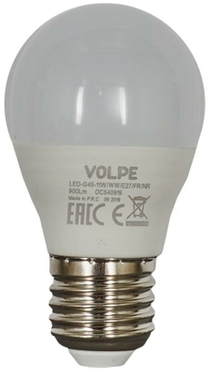 Светодиодная лампа Volpe Norma E27 220 В 11 Вт шар 900 лм, тёплый белый свет