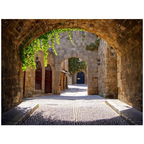 Фотообои Уютная стена Средневековая арочная улица в Старом городе Родоса. Греция 360х270 см Бесшовные Премиум (единым полотном)