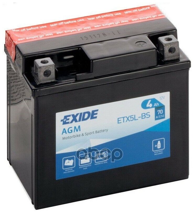 Аккумулятор Moto Agm 4ah 70a 113x70x105 Полярность Etn 0 Токовыводы M04 EXIDE арт. ETX5LBS