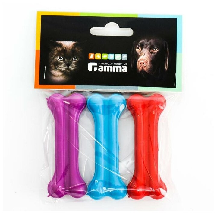 Набор игрушек для собак Gamma "Кость литая №1", каучук, микс цветов, 3 шт по 7,5 см - фотография № 1
