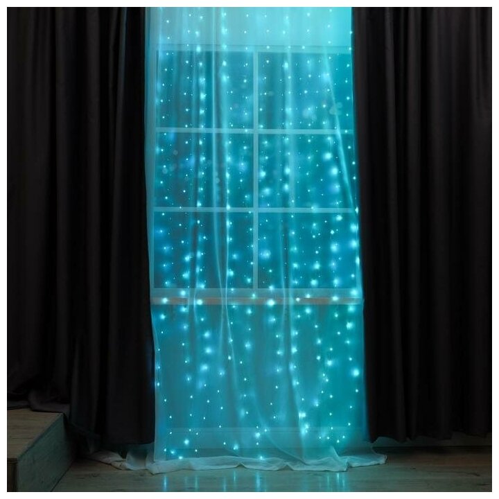 фото Luazon Lighting Гирлянда «Занавес» 2.8 × 3 м роса на крючках, с пультом, IP20, серебристая нить, 300 LED, свечение аквамарин, 8 режимов, USB