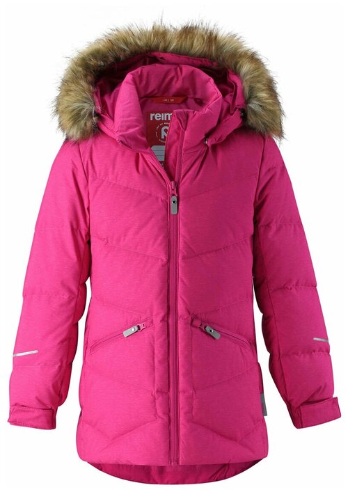 Пуховик Reima зимний, карманы, капюшон, отделка мехом, размер 110, розовый
