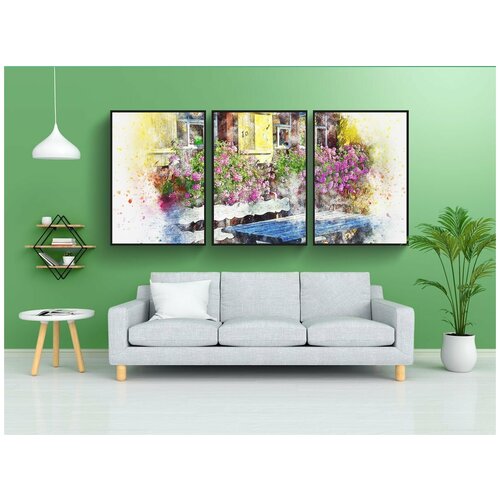 фото Набор модулных постеров для интерьера "цветы, окно, сельская местность" 60x90 см. в тубусе, без рамки lotsprints