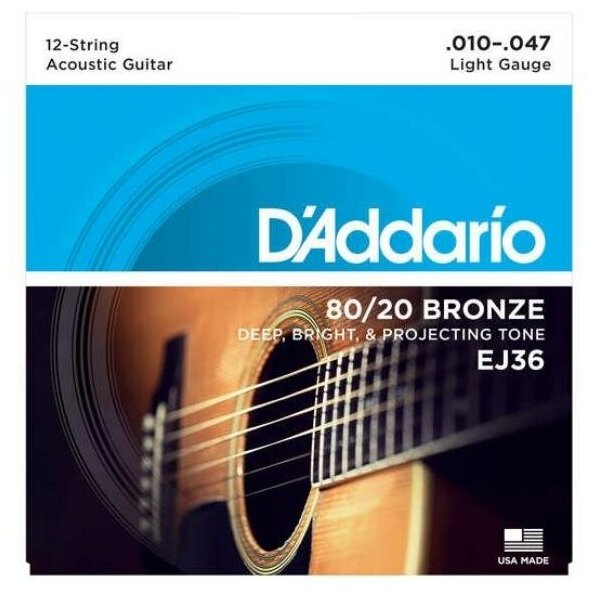 D'ADDARIO EJ36 BRONZE 12-STRING ACOUSTIC GUITAR STRINGS, LIGHT, 10-47 струны для 12-струнной акустической гитары, сталь/бронза