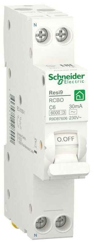 Автоматический выключатель дифференциального тока (АВДТ) Schneider Electric Resi9, 6A, 30mA, тип AC, кривая отключения C, 2 полюса, 6kA, электро-механ