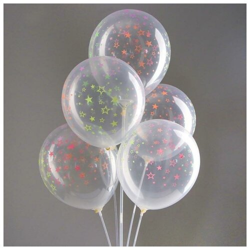 фото Шар латексный 12" "разноцветные звёзды", неон, прозрачный, набор 5 шт. страна карнавалия