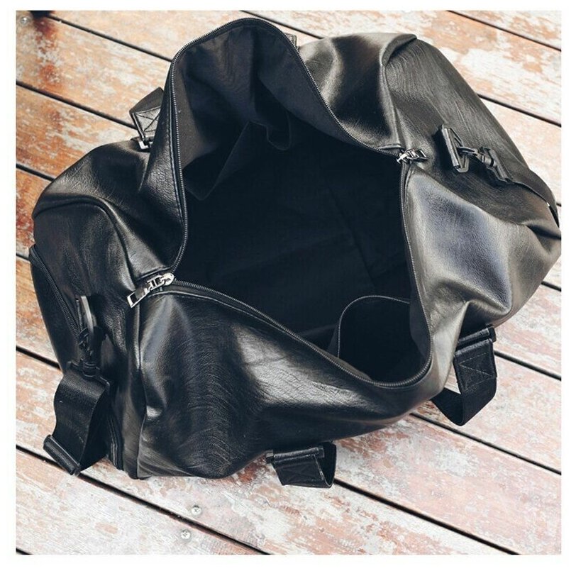 Спортивная сумка (черная) кожаная с отделением для обуви - фотография № 6