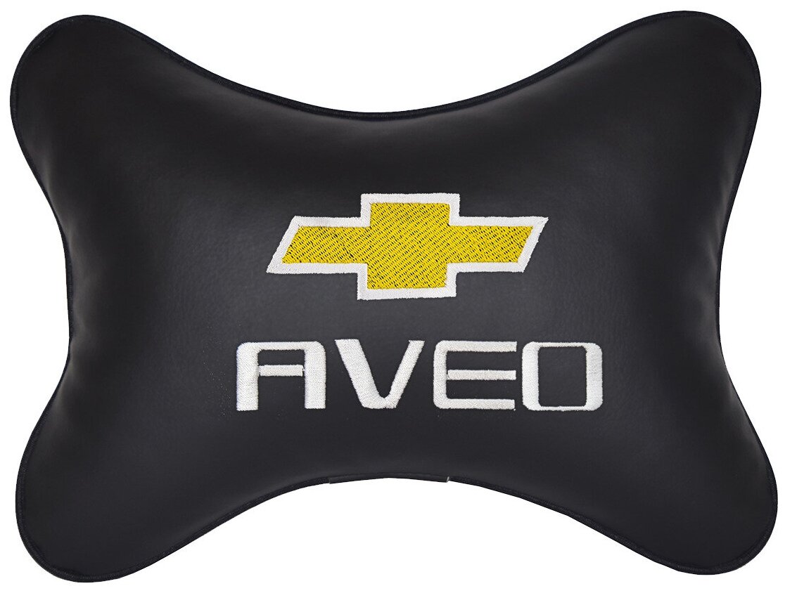 Автомобильная подушка на подголовник экокожа Black с логотипом автомобиля CHEVROLET Aveo