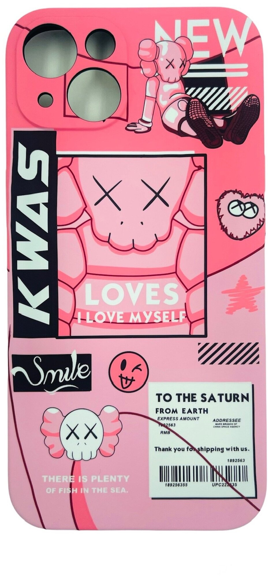 Чехол накладка Luxo Kaws Pink для iPhone 13, диагональ 6.1, светится в темноте, с защитой камер и мягким рельефным покрытием софт тач