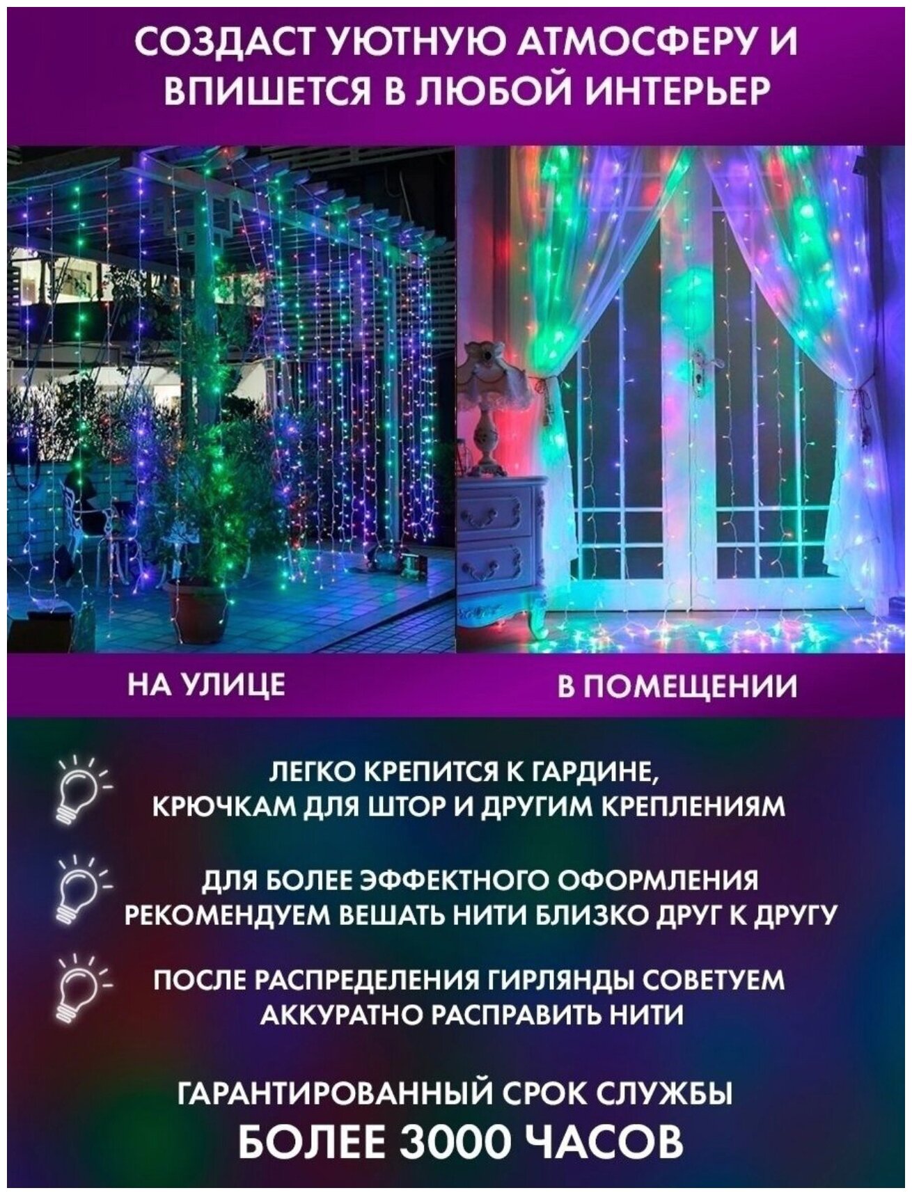 Гирлянда электрическая интерьерная 3х2 метра Новый Год /набор 2 шт ...