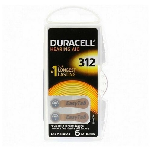 Батарейки DURACELL ZA312 (PR41) для слуховых аппаратов (6 шт) батарейки для слуховых аппаратов power one тип 13 2 блистера 12 батареек