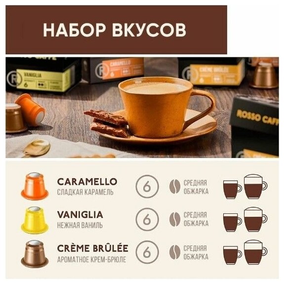 Набор Кофе в капсулах Rosso Caffe CARAMELLO, VANIGLIA, CREMEBRULEE для кофемашины Nespresso Original Line Арабика Робуста средней обжарки 3 вида 30 капсул - фотография № 2