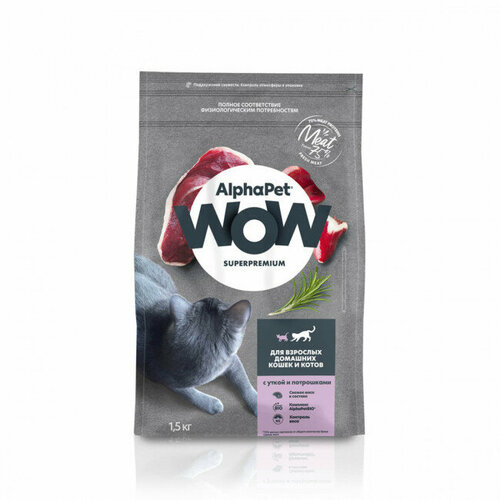 ALPHAPET WOW SUPERPREMIUM Сухой корм для взрослых домашних кошек с Уткой и Потрошками