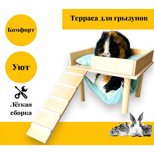 Домик-терраса CALEVI для грызунов, морской свинки с гамаком и подушкой, дерево