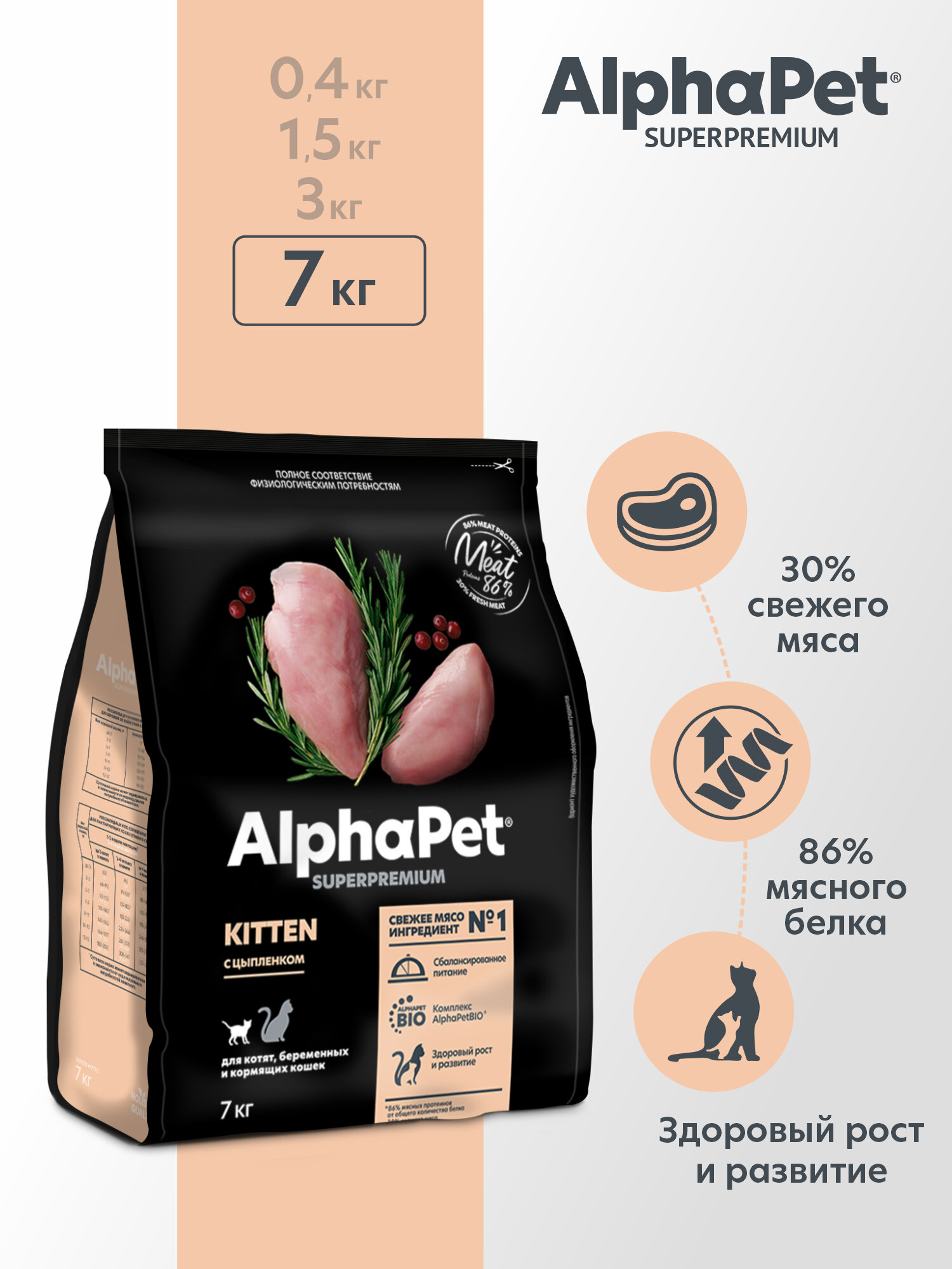 Корм сухой Alphapet Superpremium полнорационный для котят, беременных и кормящих кошек (с цыпленком) 7 кг