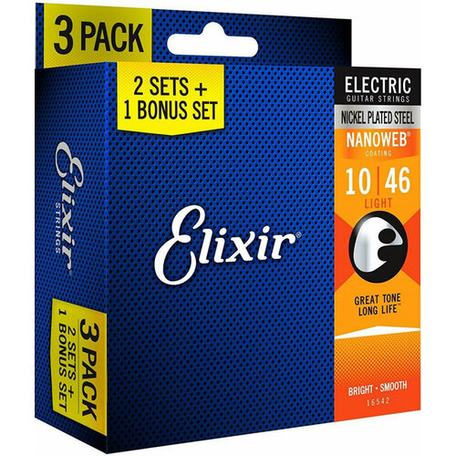 Elixir NANOWEB 10-46 light 3 pack (3 комплекта 12052 ), 16542 elixir 12102 струны для электрогитары