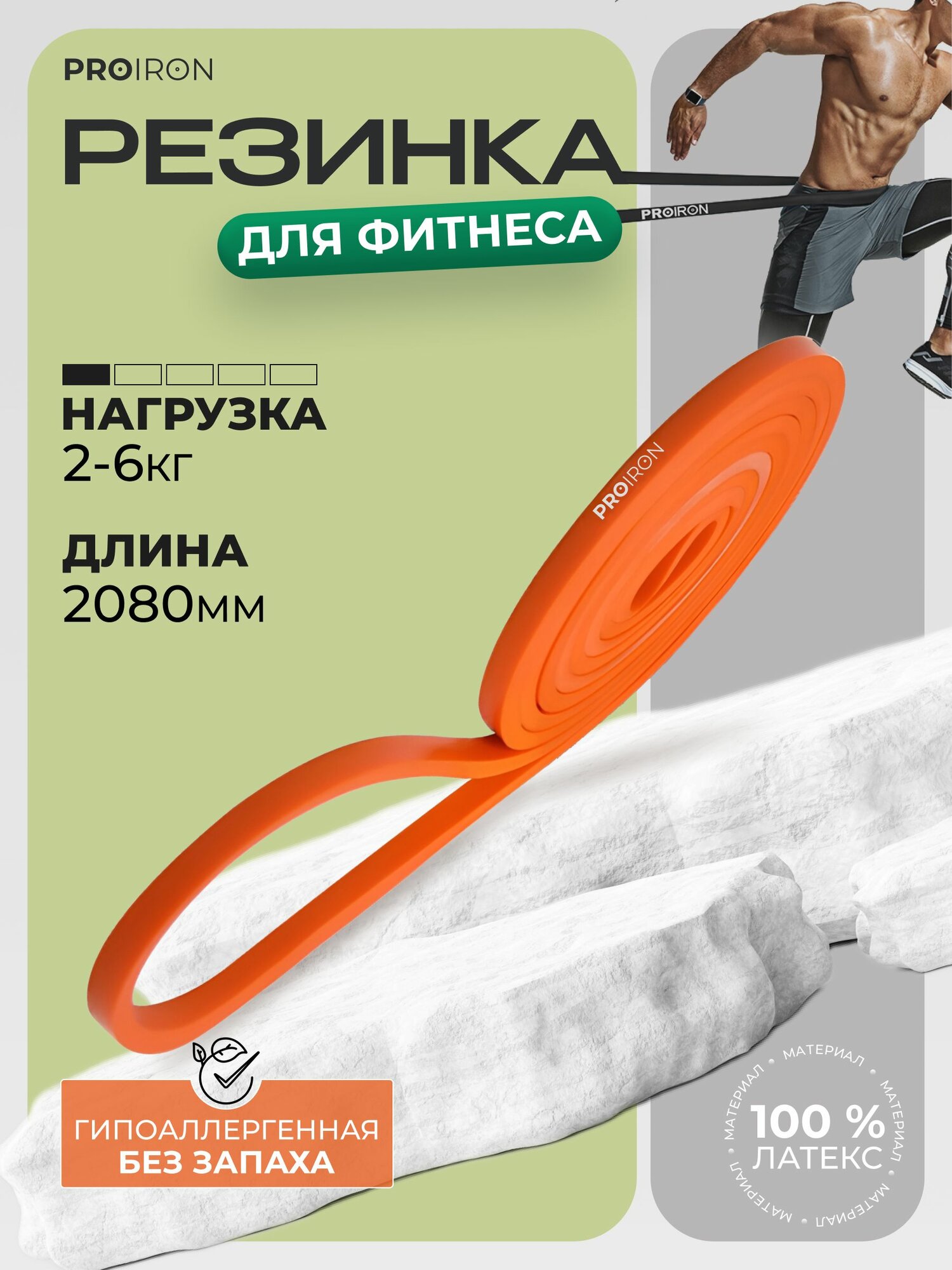 Резинка для фитнеса, PROIRON, нагрузка 2-6 кг, 2080х6,5х4,5 мм, оранжевый