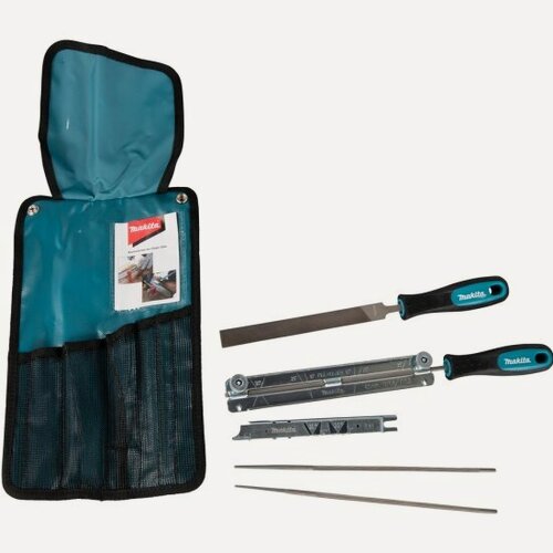 Изображение товара Набор для заточки цепи Makita напильник круглый 4,5 мм х 2шт, плоский, шаблон, рукоятки, сумка (D-72160)