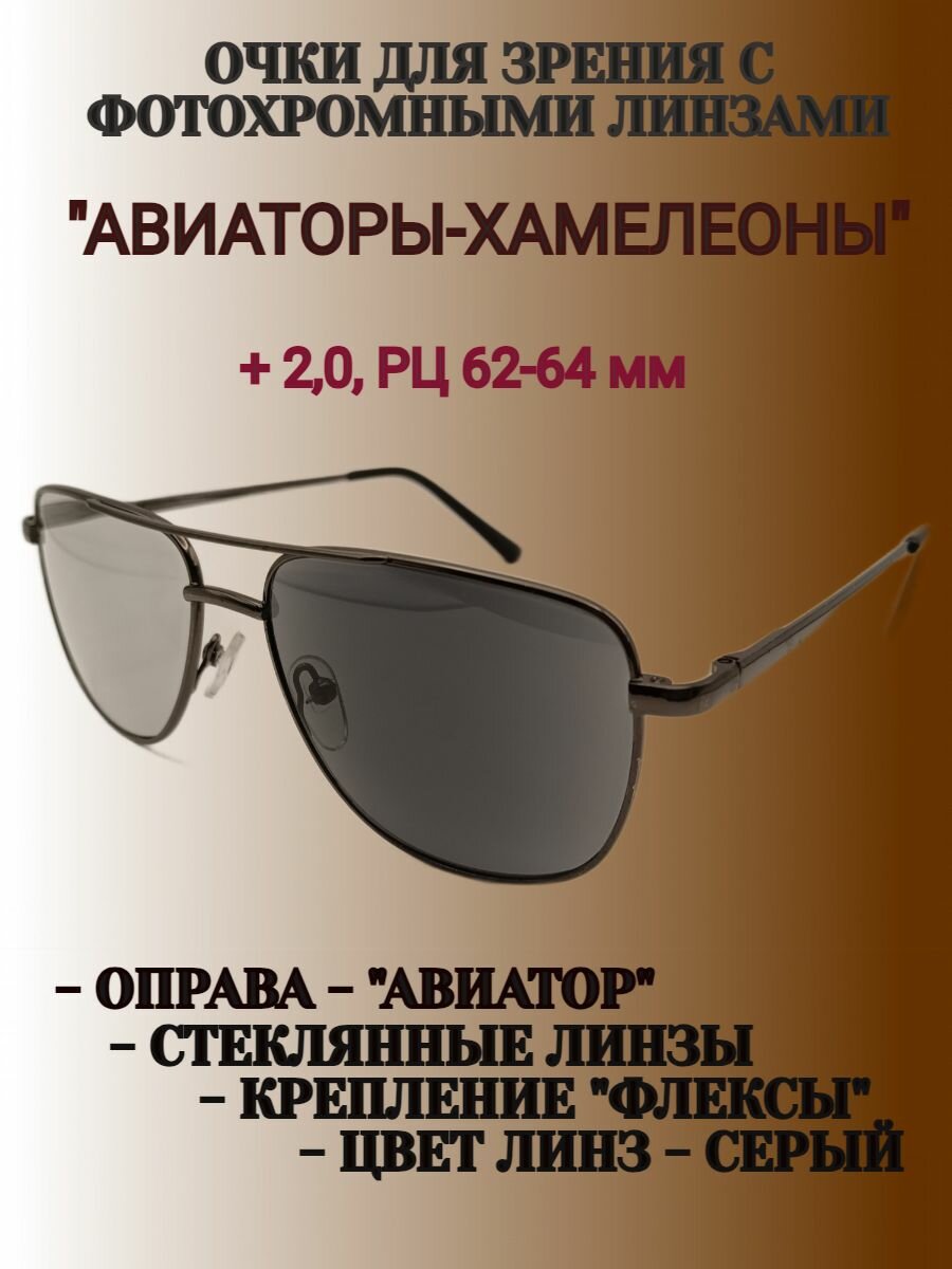 Очки "хамелеоны" с фотохромными линзами, стекло, РЦ 62-64 мм, +2,0