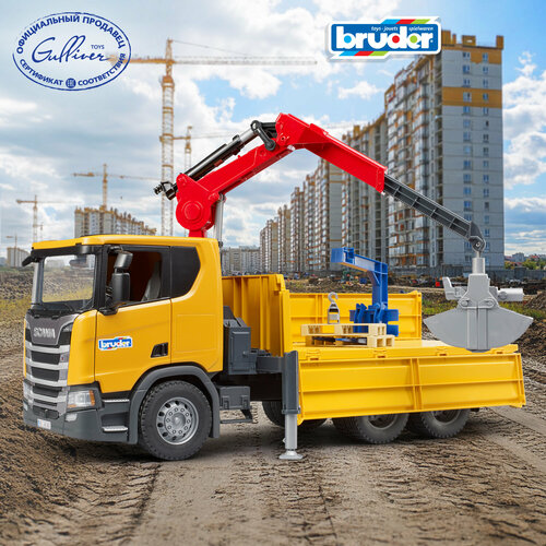 фото Брудер, грузовик scania с краном и 2 паллетами, bruder