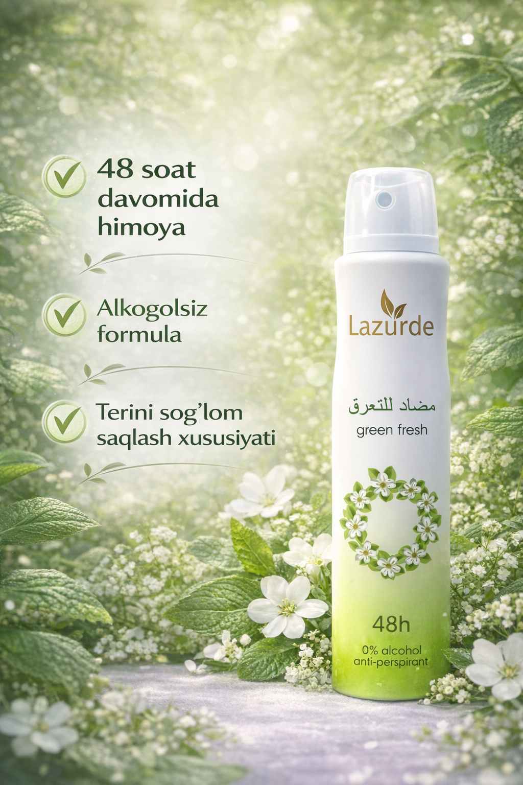 Женский дезодорант Lazurde: 48-часовая защита, безалкогольная формула, полезные для кожи свойства.